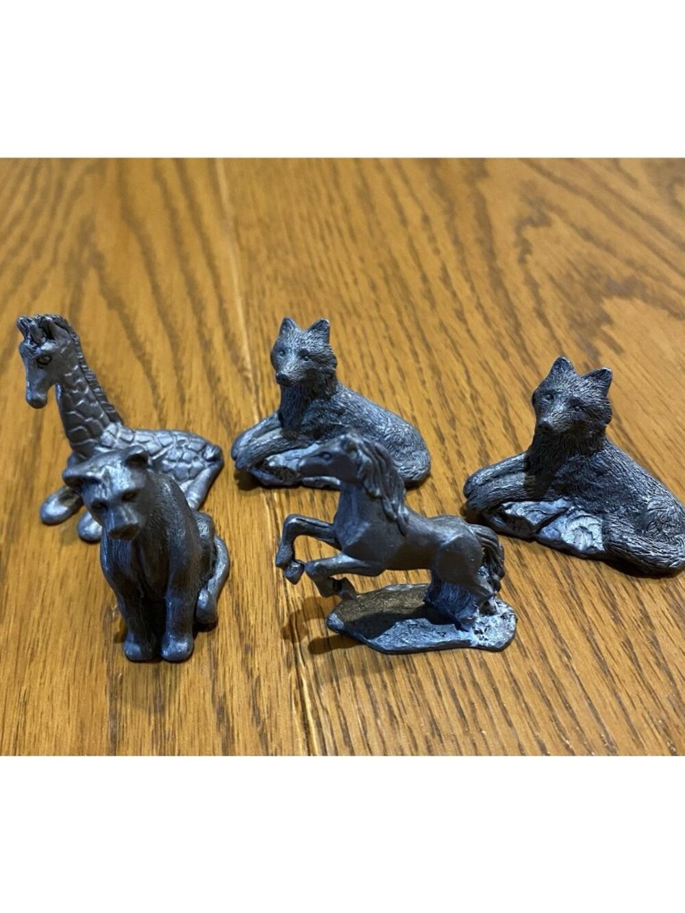 Lot of 5 Animal Pewter Figures - 1 Giraffe, 2 Wolves, 1 Horse and 1 Big Cat